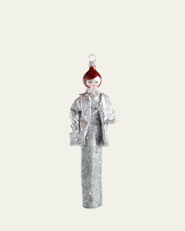 Fashionista in Silver Dress and Coat Christmas Ornament
